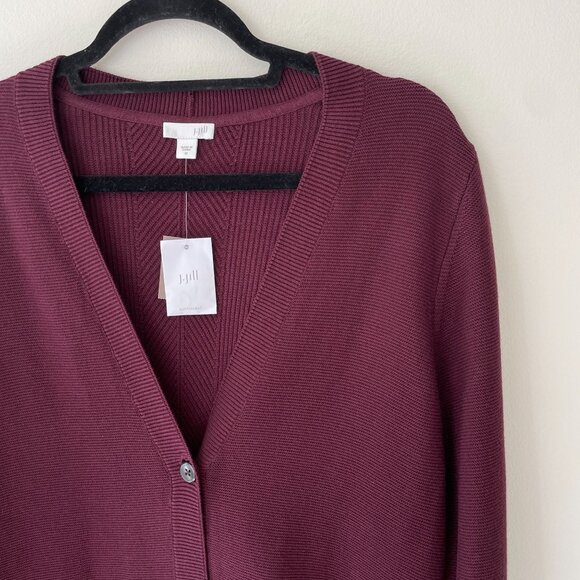 J Jill Womens Long Button Cardigan Ribbed With Pockets Burgundy Size M NWT - Picture 2 of 9